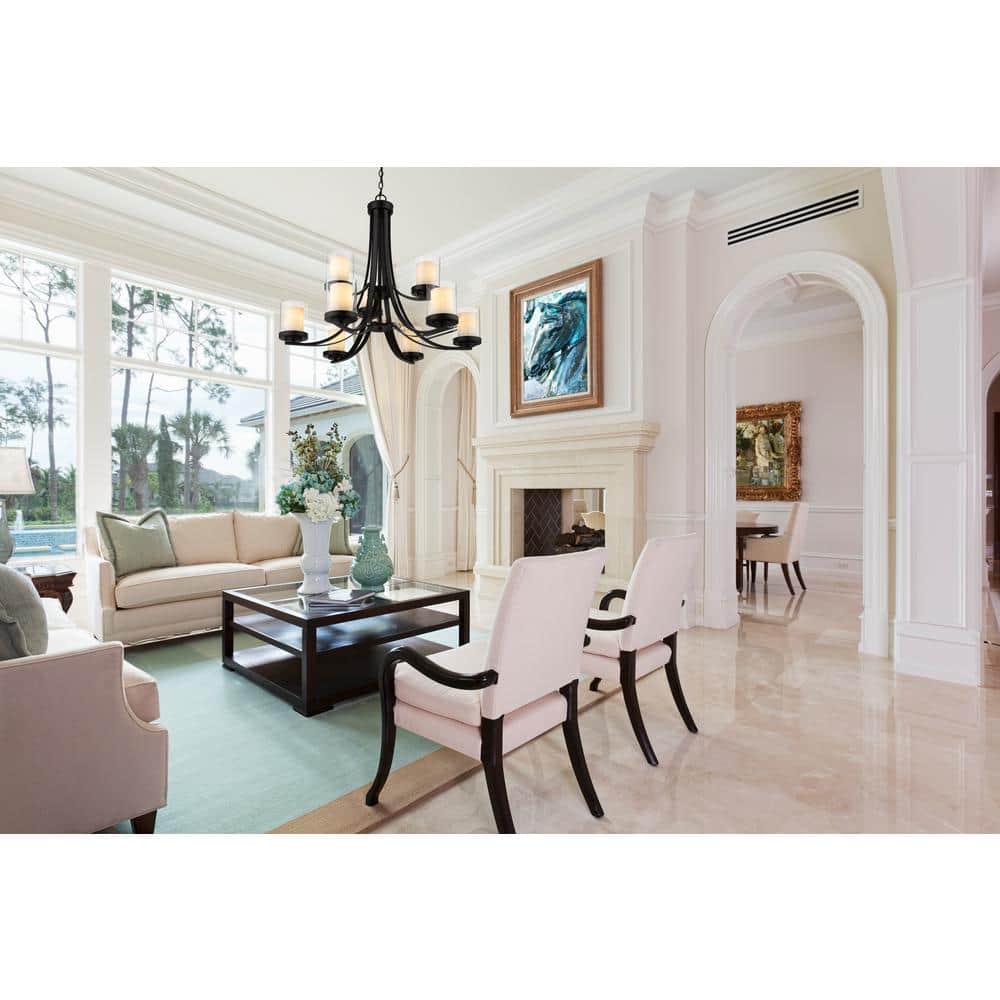 Sophisticated Matte Black Chandelier with Opal & Clear Glass Shades