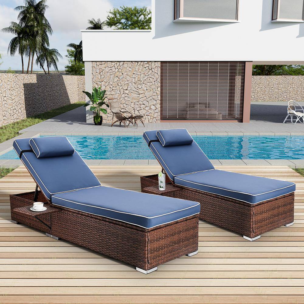 2-pieces Wicker Outdoor Chaise Lounge with Adjustable Backrest and Dark Blu