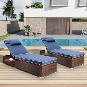2-pieces Wicker Outdoor Chaise Lounge with Adjustable Backrest and Dark Blue Cushions