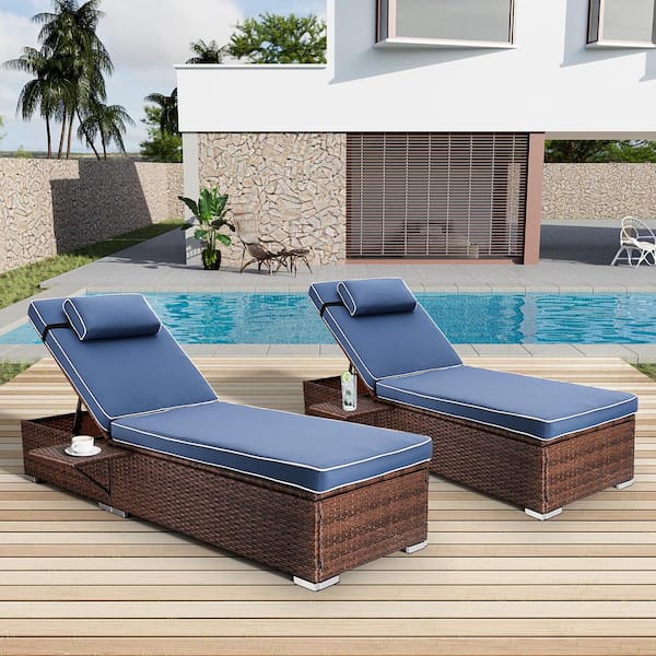 Unbranded 2-pieces Wicker Outdoor Chaise Lounge with Adjustable Backrest and Dark Blue Cushions