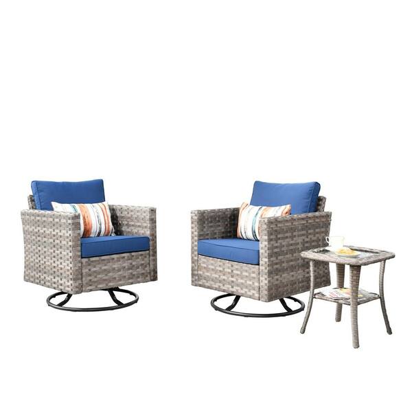 Baldwin Gray 3-Piece Wicker Outdoor Patio Conversation Swivel Rocking Chair Seating Set with Navy Blue Cushions