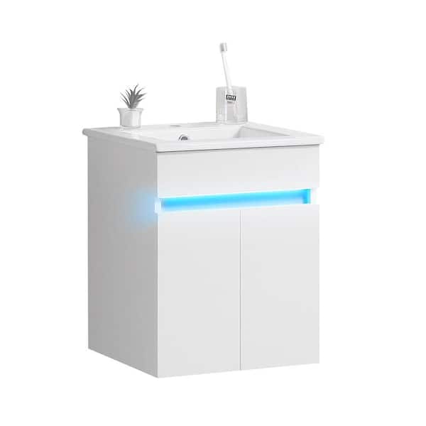 Eoviamne 16 in. W Single Sink Freestanding Bath Vanity in White with White Ceramic Top and Radar Sensing Light