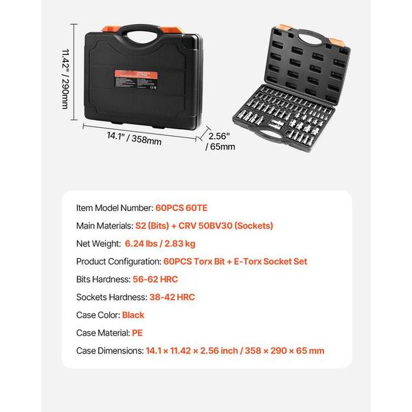 SKYSHALO Torx Bit Socket and External Torx Socket Set, 60-Piece T6