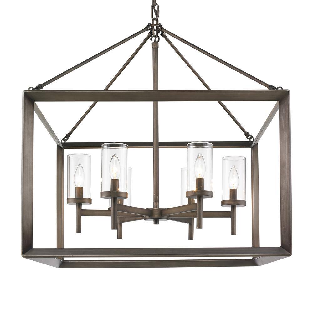 Contemporary Beveled Cage 6-Light Bronze Chandelier with Clear Glass