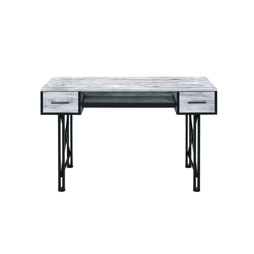 Distressed Antique White and Black Metal Framed Writing Desk with Drawers and Keyboard Tray