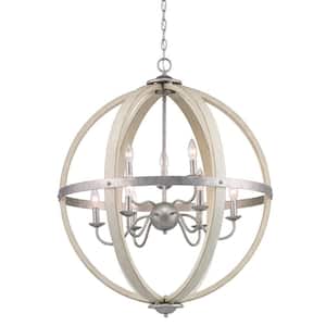 Keowee 28-1/4 in. 9-Light Silver Coastal Farmhouse Orb Chandelier Light with White Wood Accents for Dining