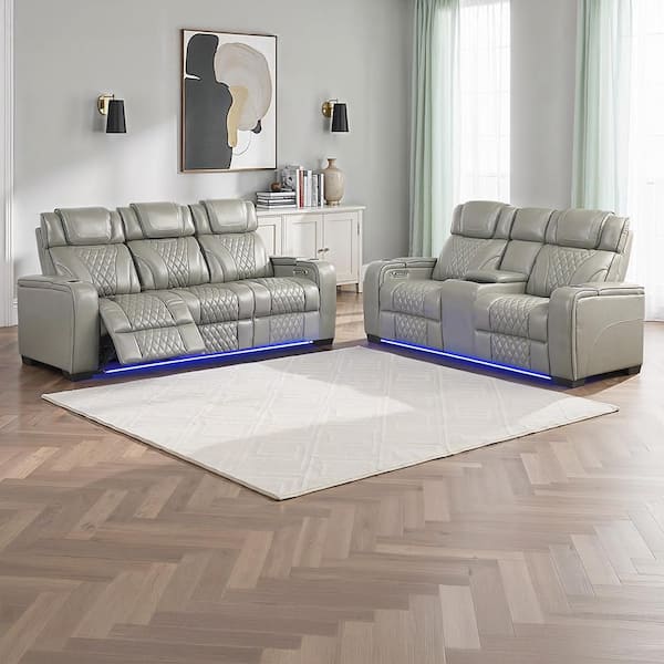 Cassian 84.5 in W Pillow Top Arm Leather Rectangle 2-Piece Power Reclining Sofa Set with Power Headrest in Gray