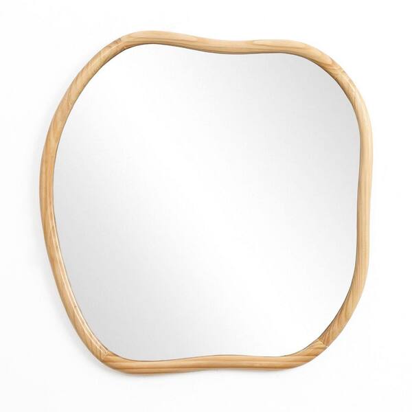 LuxenHome Natural 27.36 in. W x 29.96 in. H Pine Wood Frame Square Irregular Accent and Vanity Wall Mirror