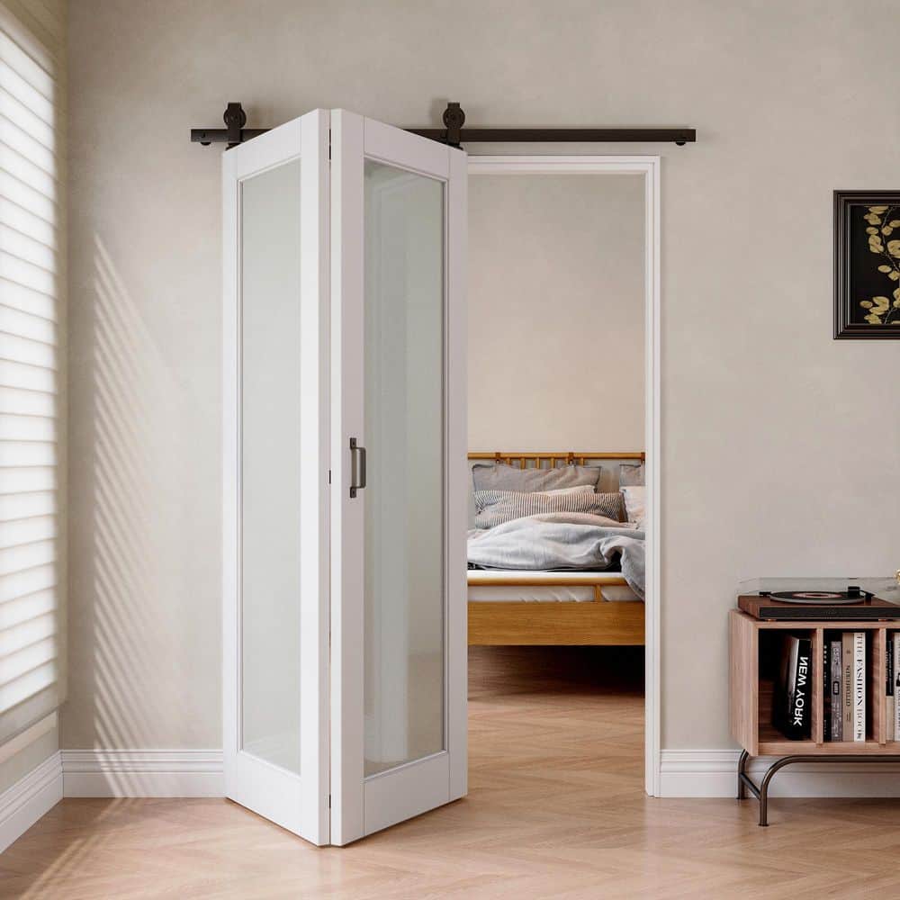 56 in. x 80 in. 1 Lite Tempered Frosted Glass White Primed MDF Bifold Sliding Barn Door with Hardware Kit price history on PriceWatchPro