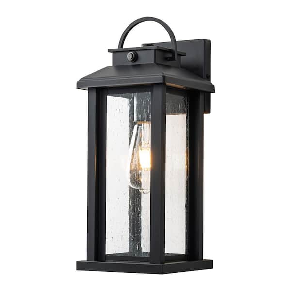 C Cattleya 15. 5in. Matte Black Dusk to Dawn Outdoor Hardwired Wall Lantern Sconce with Clear Seeded Glass, No Bulbs Included