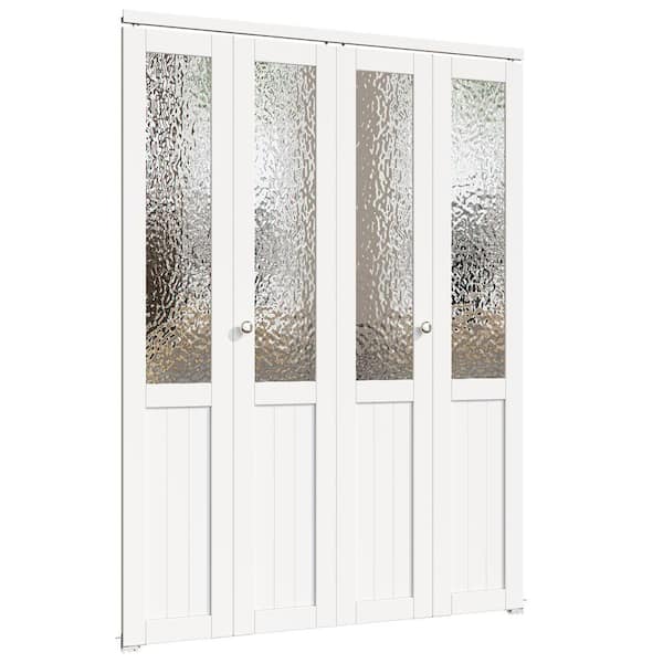 60 in. x 80 in. 1/2 Lite Tempered Kasumi Ripple Glass Solid Core White Finished Glass Closet Bifold Door with Hardware