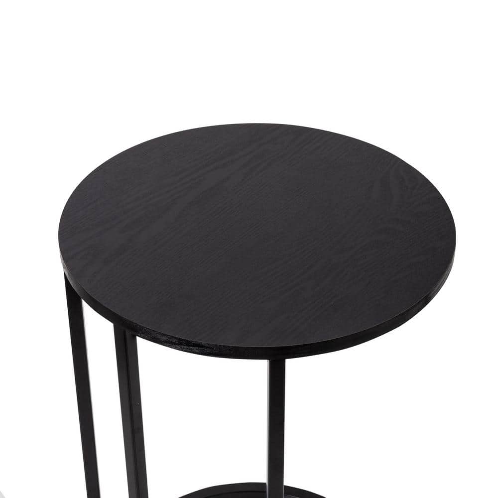 Black Round Wood and Metal C-Shaped End Table
