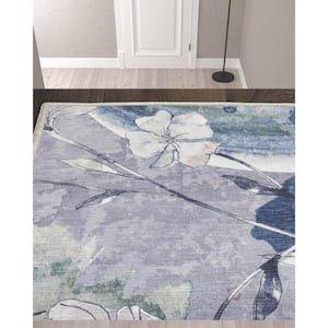 10 ft. Ivory Blue and Gray Floral Power Loom Washable Non Skid Runner Rug
