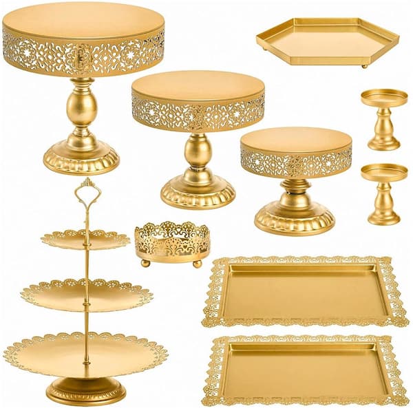 10-Piece Gold Metal Cake Stand Set with Lace Edge Tiered Stands Trays and Cupcake Holders Cake & Tiered Stands
