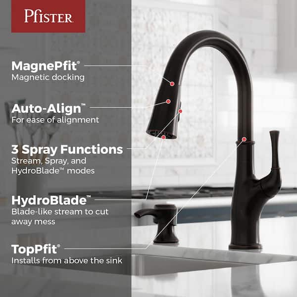 Alderwood Single Handle Pull Down Kitchen Faucet with Deck Plate and Soap Dispenser in Tuscan Bronze