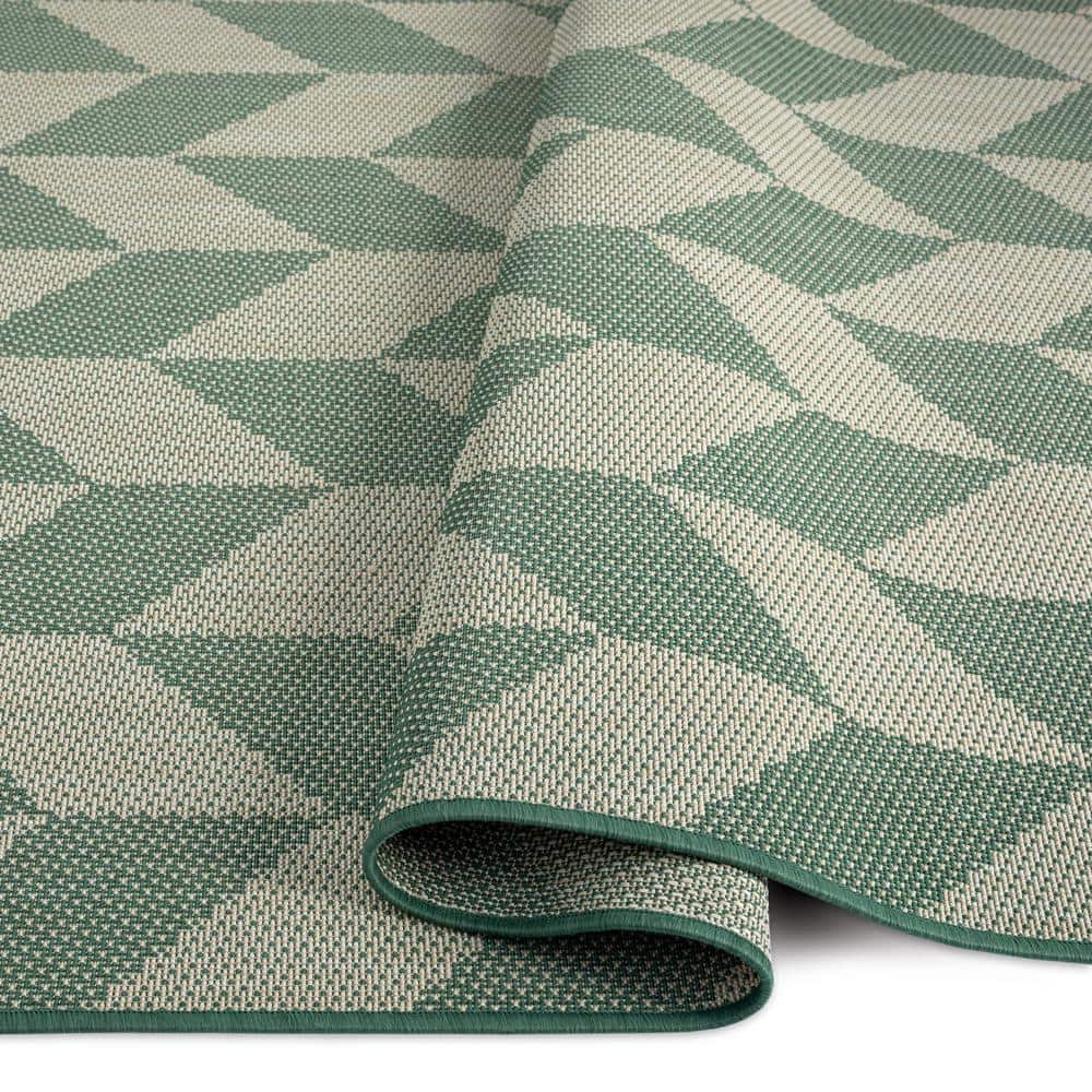 Beige and Green Geometric Synthetic Indoor/Outdoor Area Rug