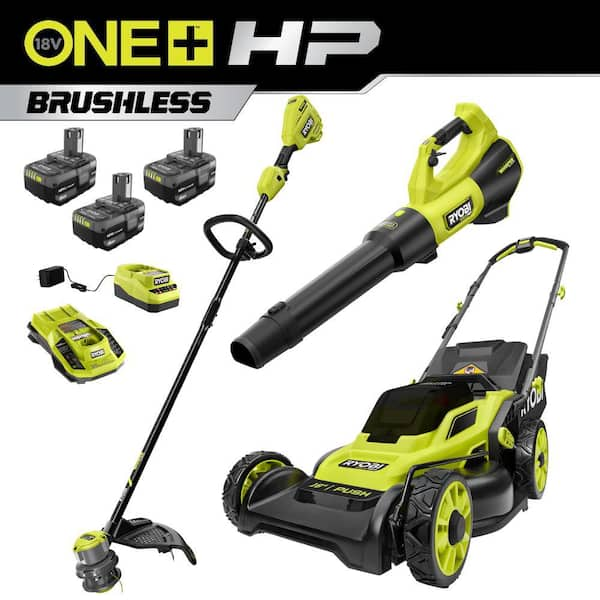 RYOBI ONE HP 18V Brushless 16 in. Cordless Battery Push Lawn Mower String Trimmer Blower w 3 Batteries 2 Chargers P1190VNM PBLCK201K The Home Depot