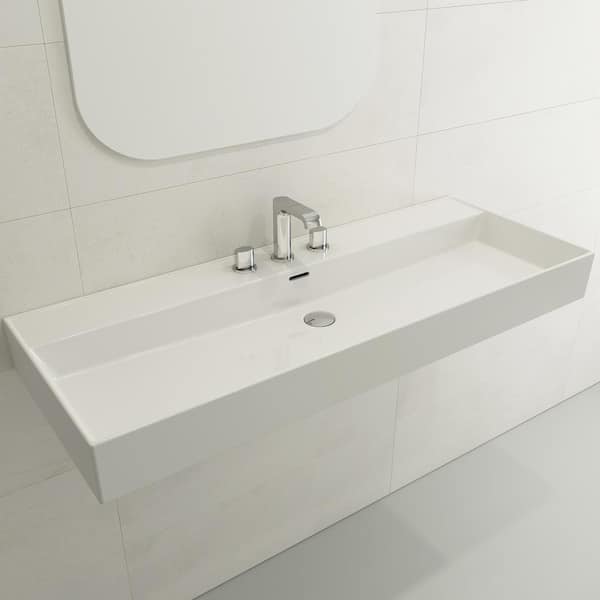 BOCCHI Milano White 47.75 in. 3-Hole Wall-Mounted Fireclay Rectangular Vessel Sink with Overflow