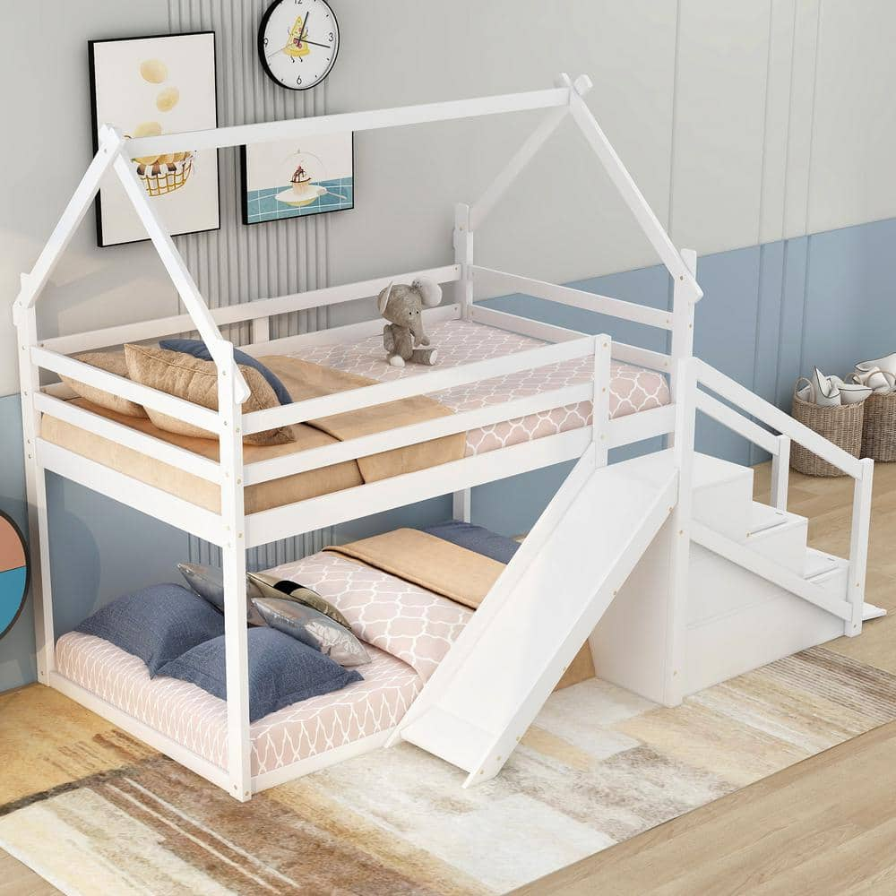 Harper & Bright Designs White Wood Frame Twin over Twin House Bunk Bed ...