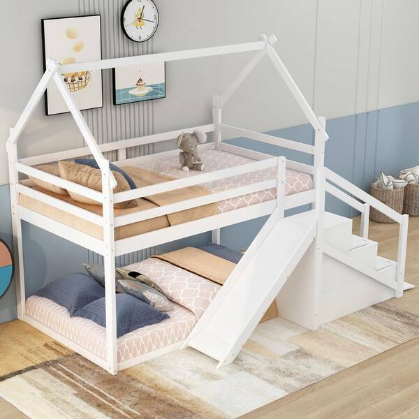 Harper & Bright Designs White Wood Frame Twin Over Twin House Bunk Bed ...