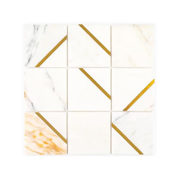 Jeffrey Court Jazzy White/Gold 11.75 in. x 11.75 in. Square Honed Calacatta Marble/Gold Metal Mosaic Tile (9.588 sq. ft./Case)