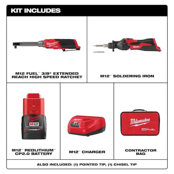 M12 FUEL 12V Lithium-Ion Brushless 3/8 in. Extended Reach High Speed Cordless Ratchet Kit & M12 Soldering Iron