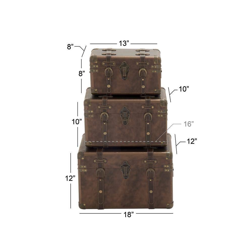 Brown Leather Rectangular Storage Trunk Set with Vintage Accents, 3-Pieces