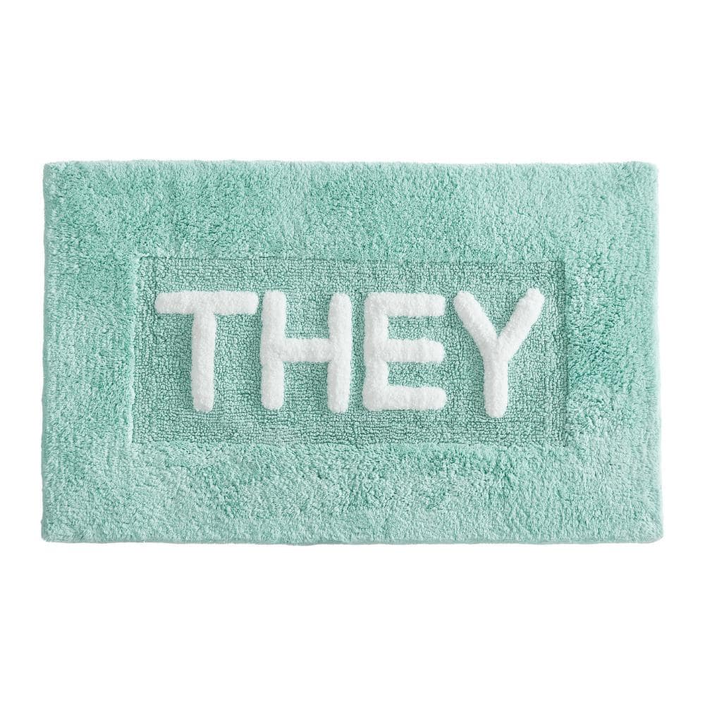 Aqua Cotton Bath Rug with 'They' Pattern, 21" x 34"