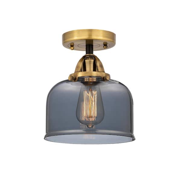 Bell 8 in. 1-Light Black Antique Brass Industrial Semi-Flush Mount with Smoked Glass Shade