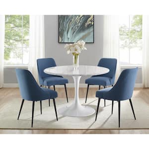 Colfax 45 in. Round White Marble Table with 4-Navy Upholstered Chairs