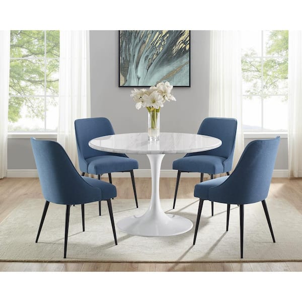 Steve Silver Colfax 45 in. Round White Marble Table with 4-Navy Upholstered Chairs