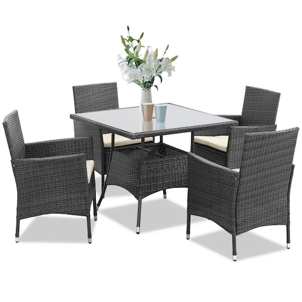 Unbranded 5-Piece Rattan Wicker Patio Conversation Set with Umbrella Hole, White Cushions, Dining Table