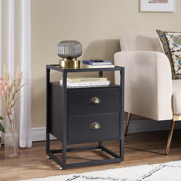 VECELO Nightstand, Modern Tempered Glass End Table, Cabinet with Drawers and Rustic Shelf, Black, 23.6"Tx13.8"Wx15.7"L
