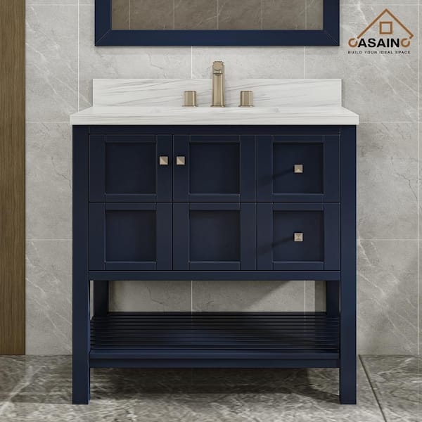 36 in. W x 22 in. D x 35.4 in. H Single Sink Solid Wood Bath Vanity in Navyblue with White Natural Marble Top and Mirror