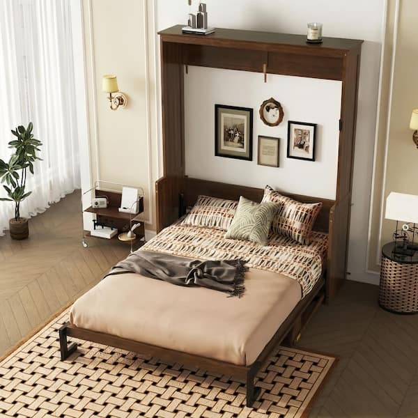Walnut Brown Wood Frame Queen Size Murphy Bed with Desk, Wall Bed Folded into a Cabinet