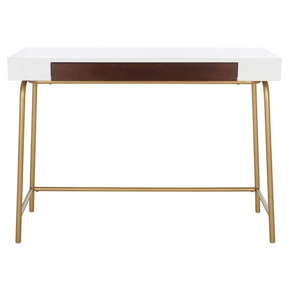 SAFAVIEH Nola 41.9 in. White/Brown/Gold Wood 1Drawer Writing Desk