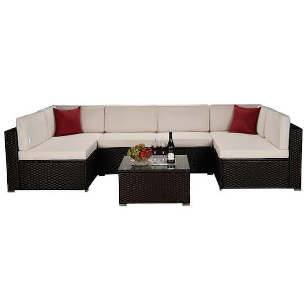 Maincraft 7-Piece Wicker Patio Conversation Set with Beige Cushions