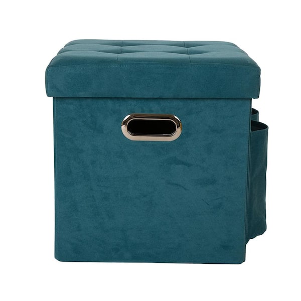 Glitzhome 15 in. H Turquoise Cube Faux Suede Foldable Storage Ottoman with Padded Seat