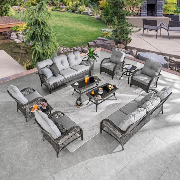 Patio Festival 10-Piece Wicker Patio Conversation Set with Gray Cushions