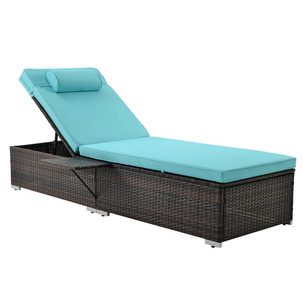 Unbranded 2 Piece Outdoor Brown Wicker Chaise Lounge recliner chair with side table Blue Cushion and Adjustable backrest