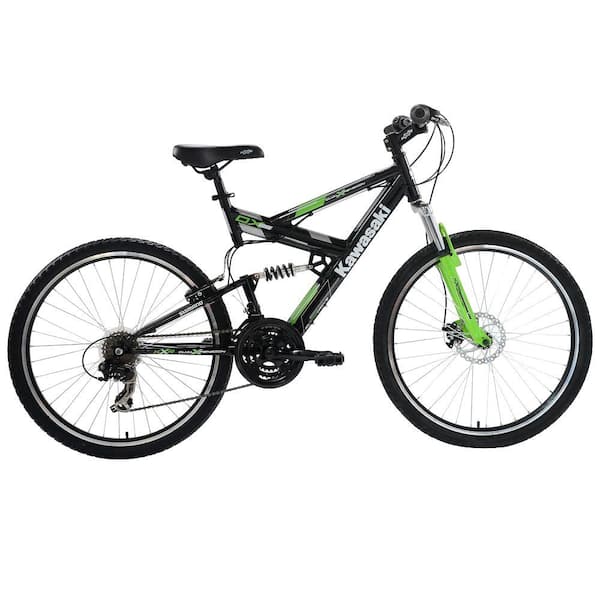Kawasaki DX Full Suspension Mountain Bicycle, 26 in. Wheels, 19 in. Frame, Men's Bike in Black/Green