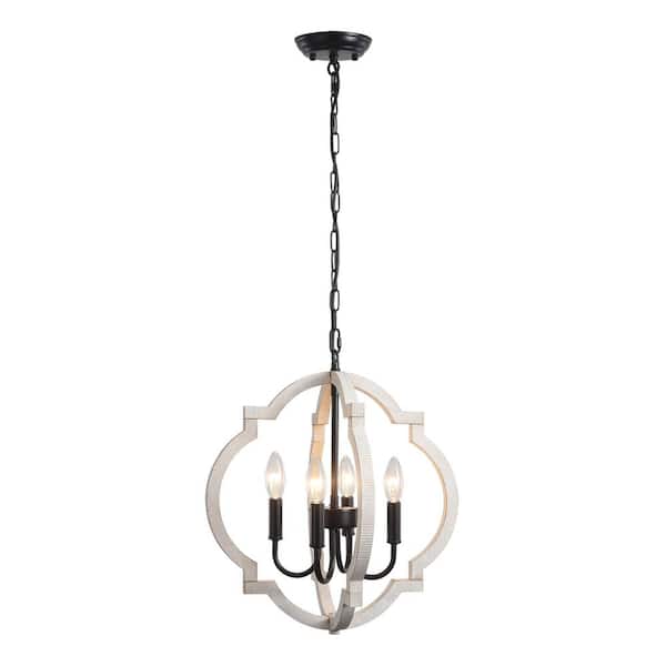 4-light Matte Black/Vintage White Lantern Chandelier With Wood Shade For Dinning Room Foyer and NO Bulb Includes