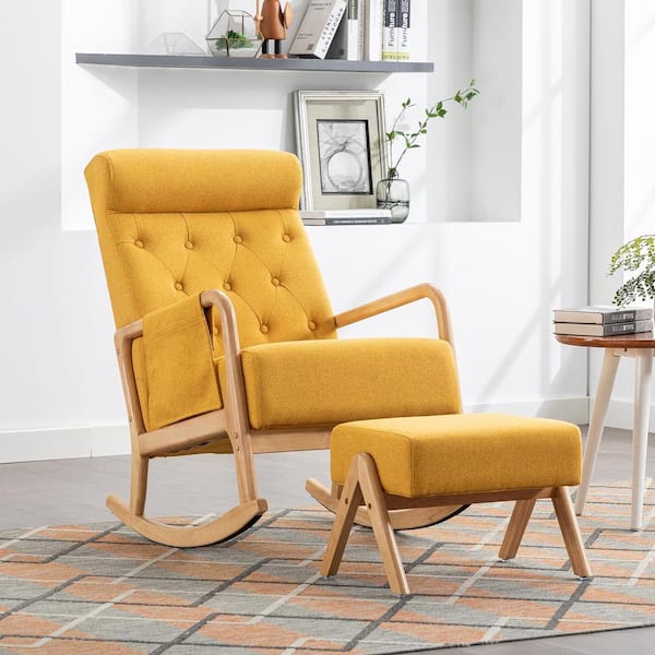 Unbranded Mid-Century Modern Yellow Upholstered Fabric Rocking Chair Nursery With Ottoman Set of 2 with Thick Padded Cushion