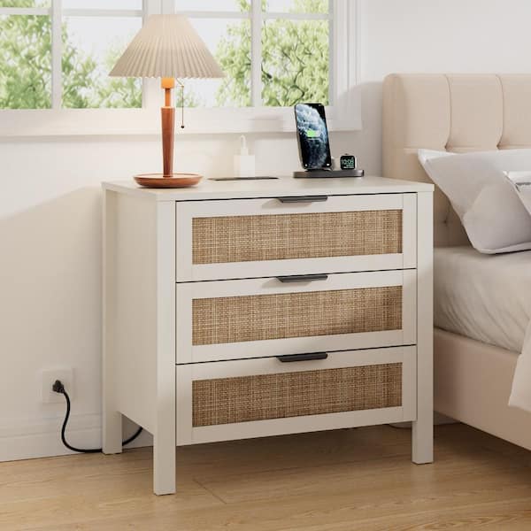 Hommpa Boho White 3-Drawer 25 in. W Nightstand with Built-in Outlets Hommpa Boho White 3-Drawer 25 in. W Nightstand with Built-in Outlets