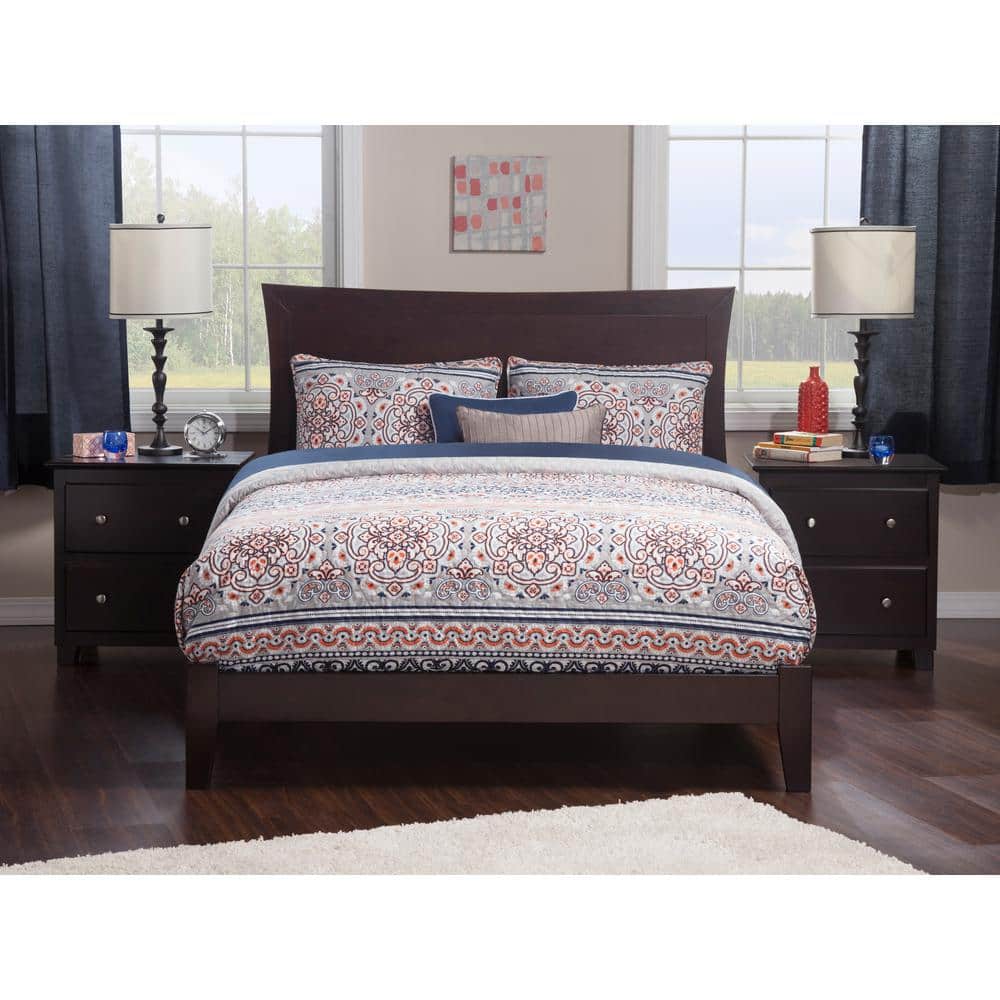 Espresso Queen Wood Platform Bed with Upholstered Headboard
