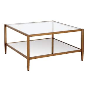 Hera 32 in. Antique Brass Medium Square Glass Coffee Table with Shelf