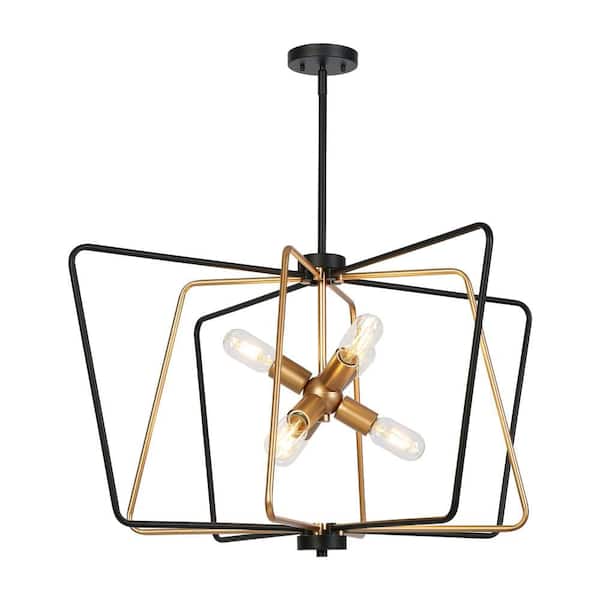 Modern Transitional 6-Lights Black and Gold Square Chandelier, Geometric Hanging Pendant Light for Foyer, Living Room