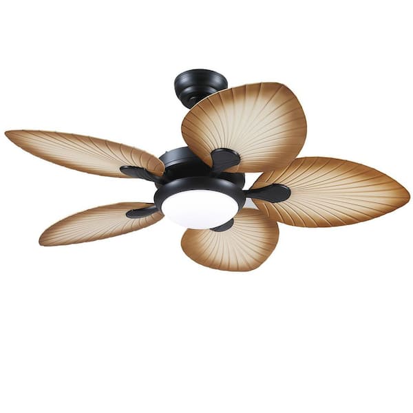 44 in. Indoor/Outdoor Black 5 ABS Tropical Palm Leaf Blades Downrod Ceiling Fan with LED Light and Remote Included