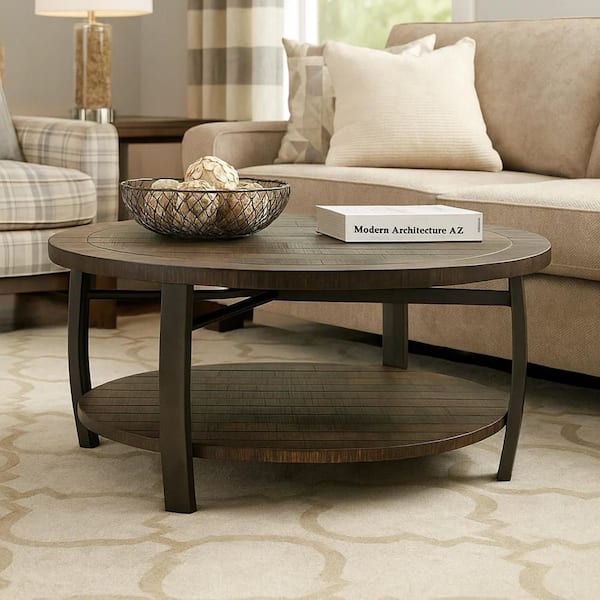 Flint 38 in. Dark Brown Round Wood Top Coffee Table with Shelf