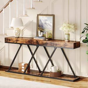 Benjamin 71 in. Rustic Brown Rectangle Wood Console Table with Unique Metal Base, Long Narrow Sofa Table Entryway Table